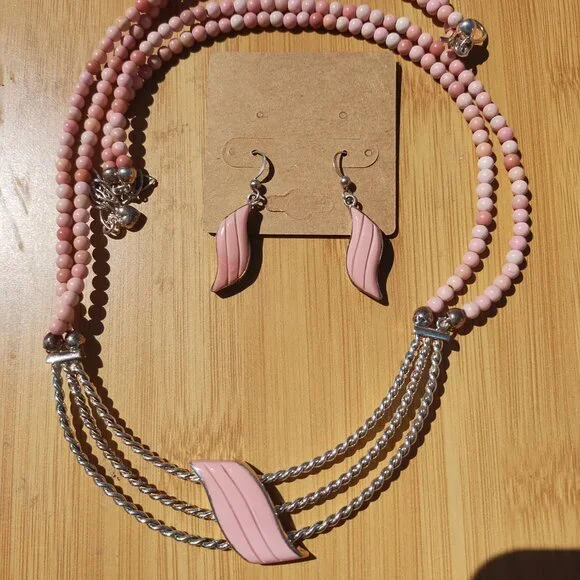 Jay King DTR mine finds carved Wave Pink Opal Necklace Earrings set 925 rare - Picture 2 of 11